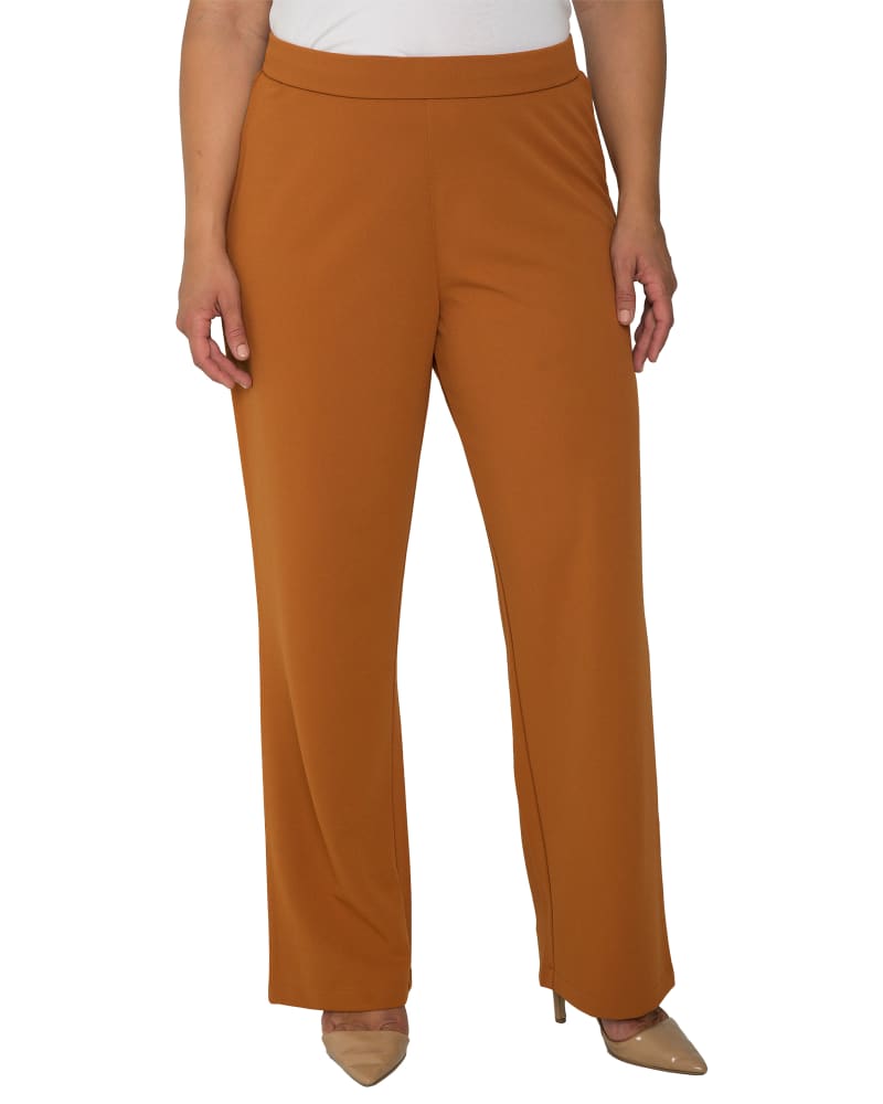Front of a model wearing a size 14 Chloe High Waist Stretch Crepe Pants in Dark Mustard by Standards & Practices. | dia_product_style_image_id:275866